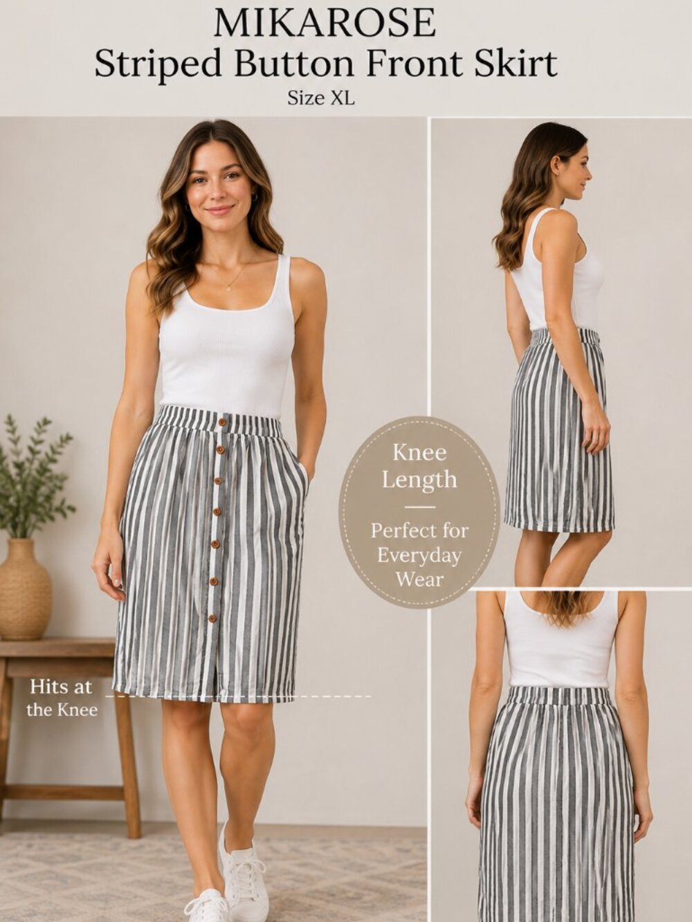 Mikarose Women's Black/White Striped Faux Button Front Skirt - Size XL